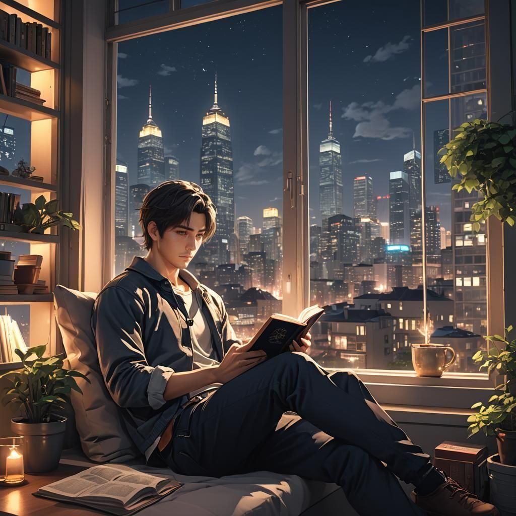 a man sitting by a window relaxing, ( happy men's Mental Hea...