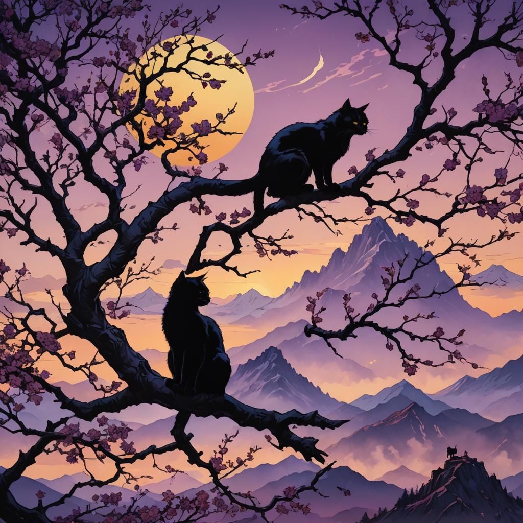 Black Cat Silhouette on Cherry Branch, Fantasy Art