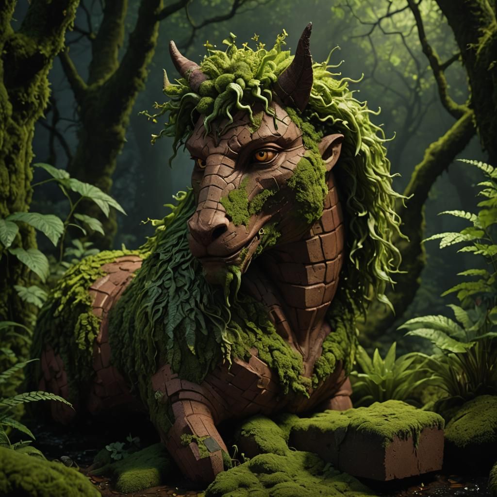 Ancient Red Clay Lucifer Statue in Magical Garden