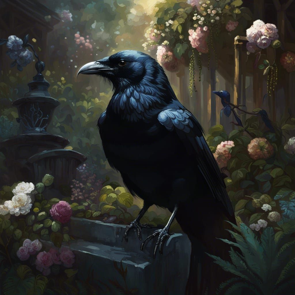 Dramatic Black Crow in Garden, Digital Art
