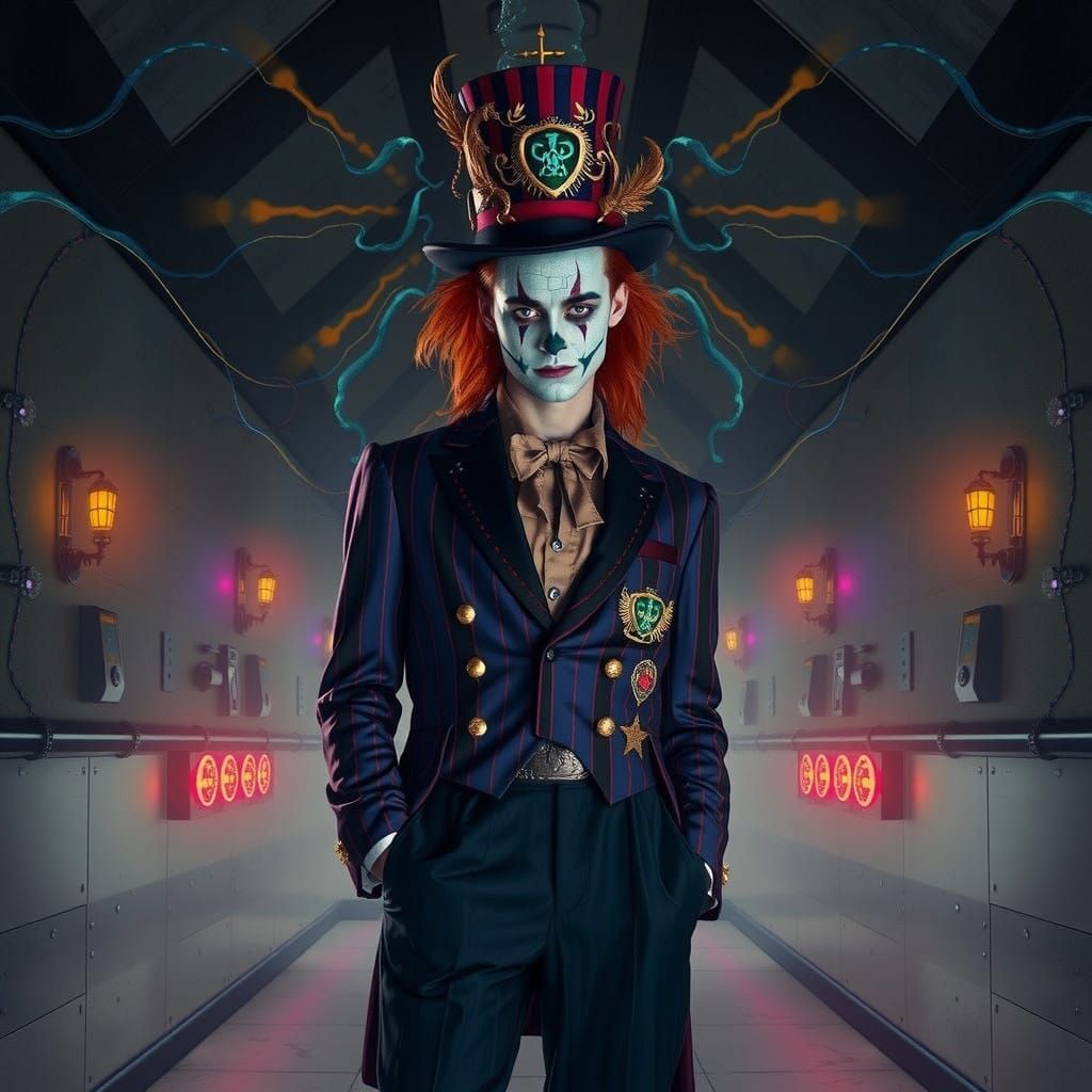 Elegant Androgynous Jester in Iridescent Striped Silk with S...