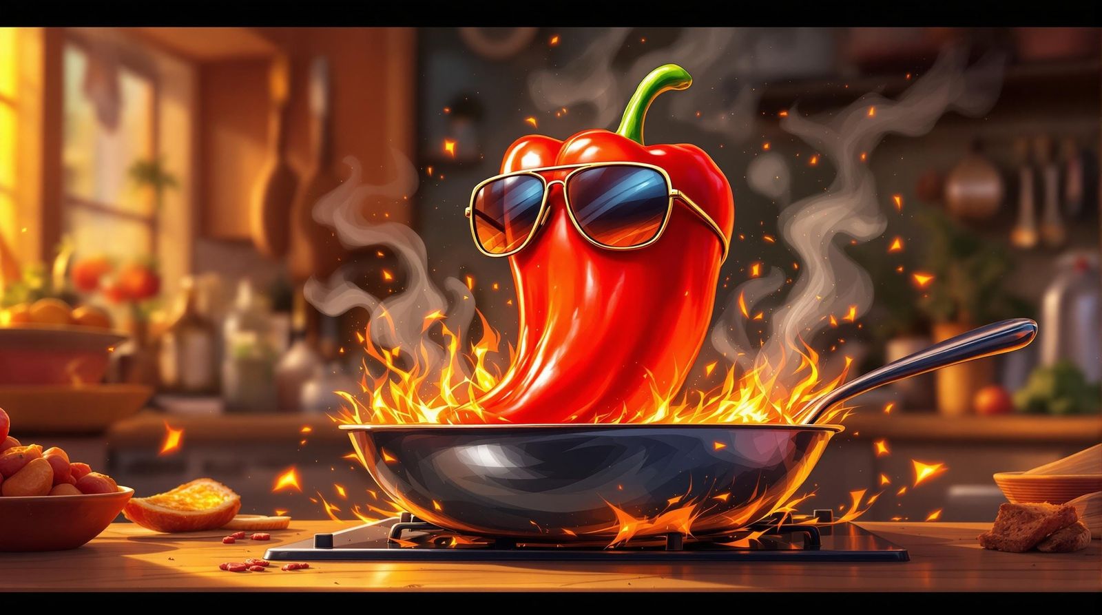 Sultry Red Pepper Sizzles in a Flaming Pan