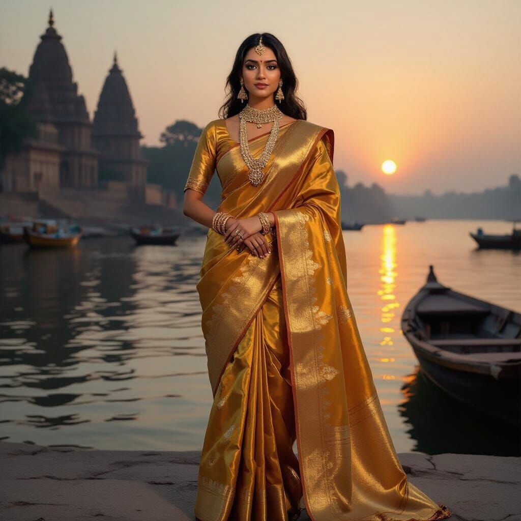 Indian Princess Beside Ganges River at Sunset