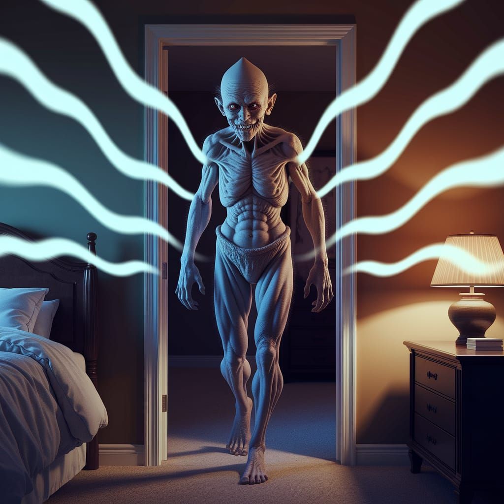 Surreal Horror Figure Emerges from Darkness in High-Contrast...