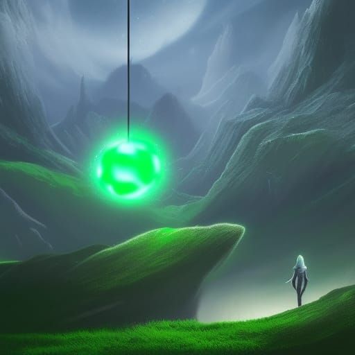 Glowing Green Crystal in Surreal Landscape