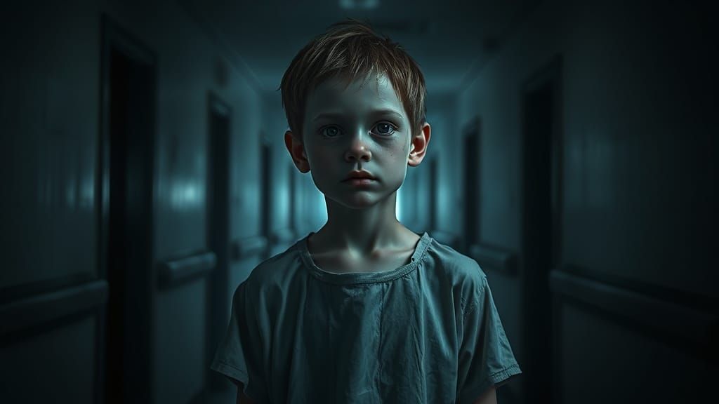 Ethereal Boy in Desolate Hospital Corridor, Shrouded in Dark...