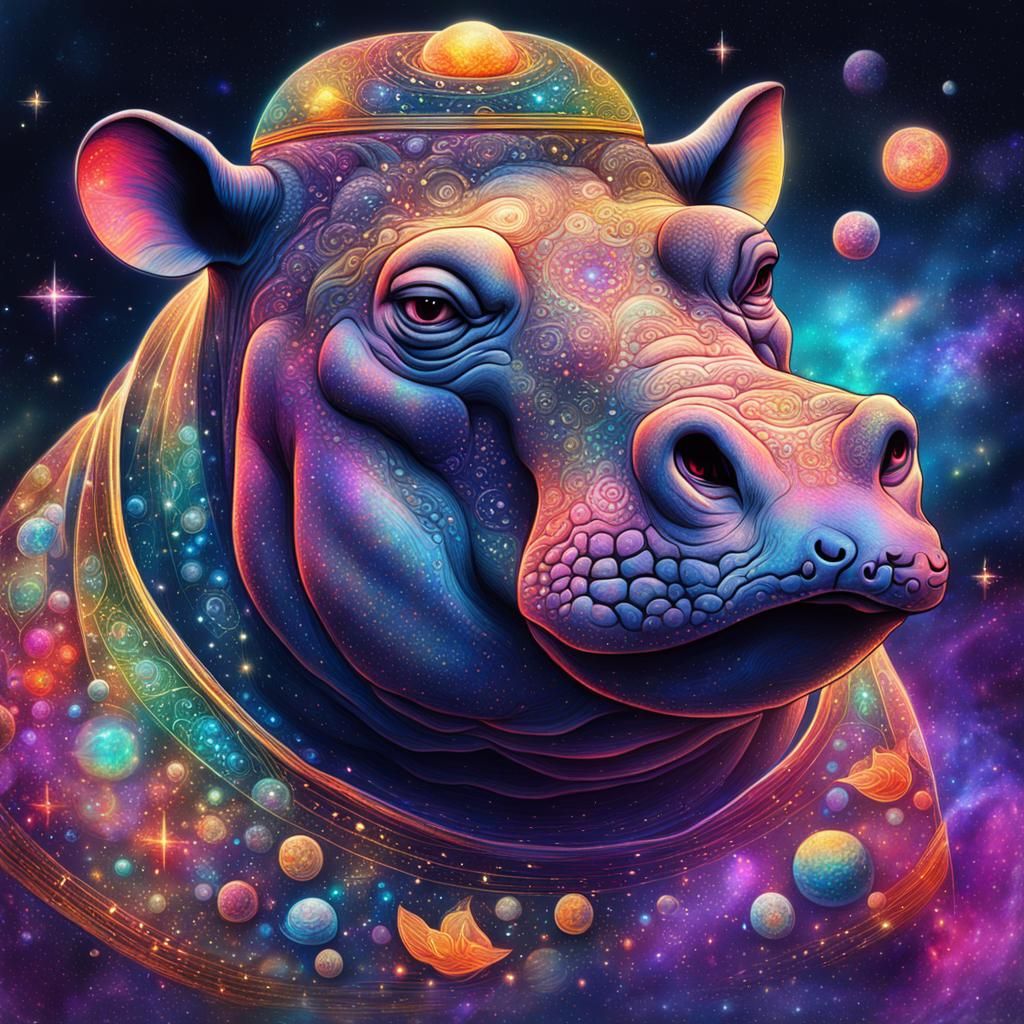 Cosmic Hippo in Astral Holographic Illustration
