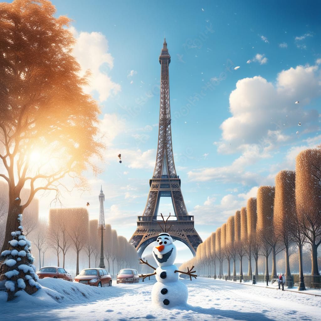 Olaf Snowman with Eiffel Tower on Sunny Day
