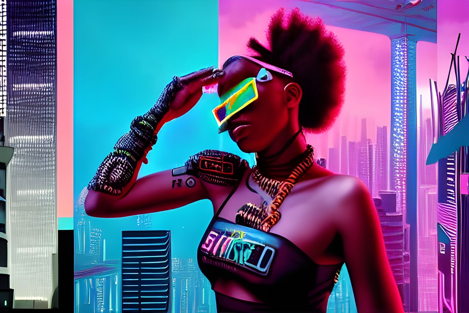 Afropunk Woman in Cyberpunk Cityscape