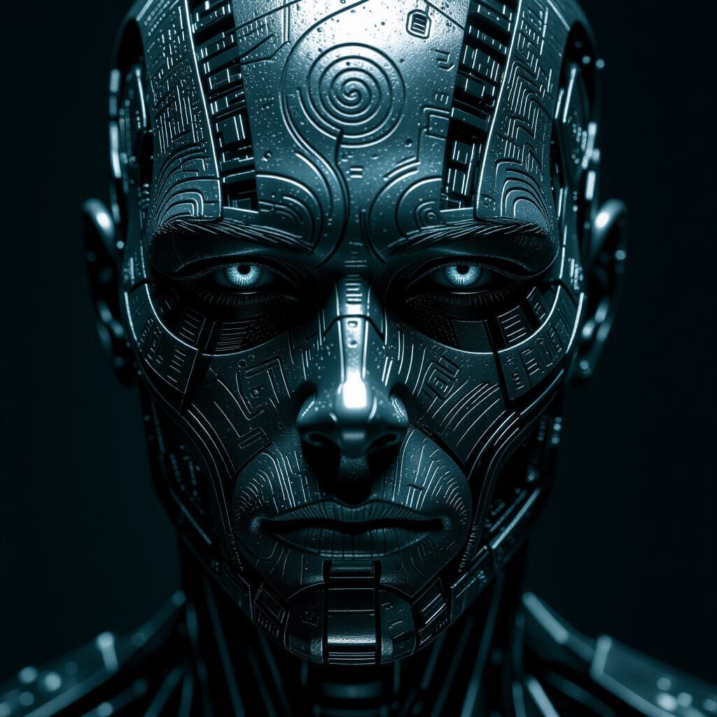 Weeping Cyborg Portrait in Dark Fantasy Style