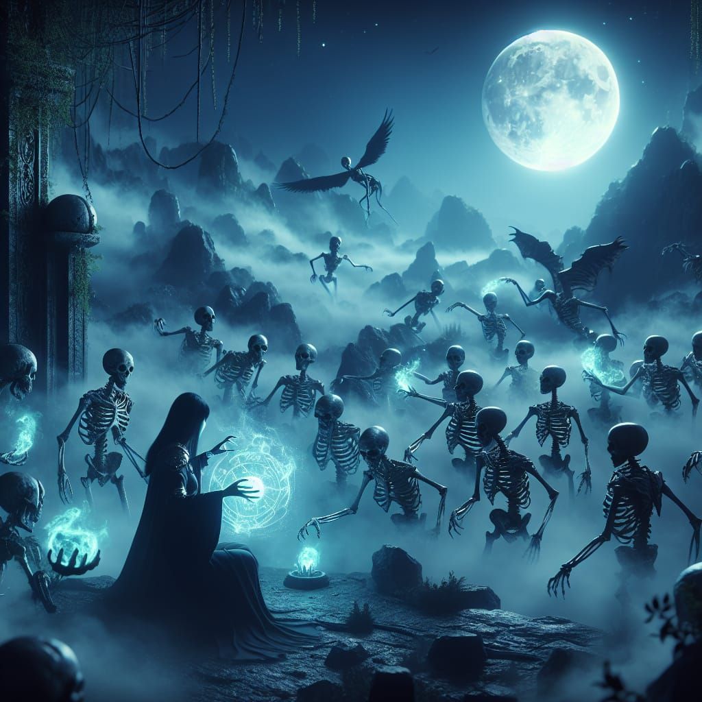 Mystical Necromancer Summons Skeleton Army in Matte Painting
