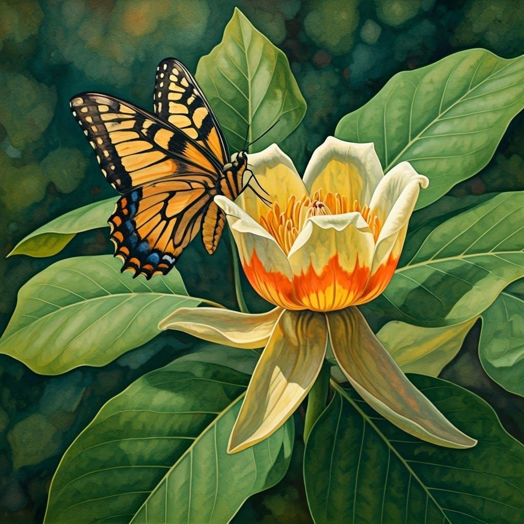 Vibrant watercolor botanical illustration. Close-up of Liriodendron tulipifera flower. An Eastern tiger swallowtail butt...