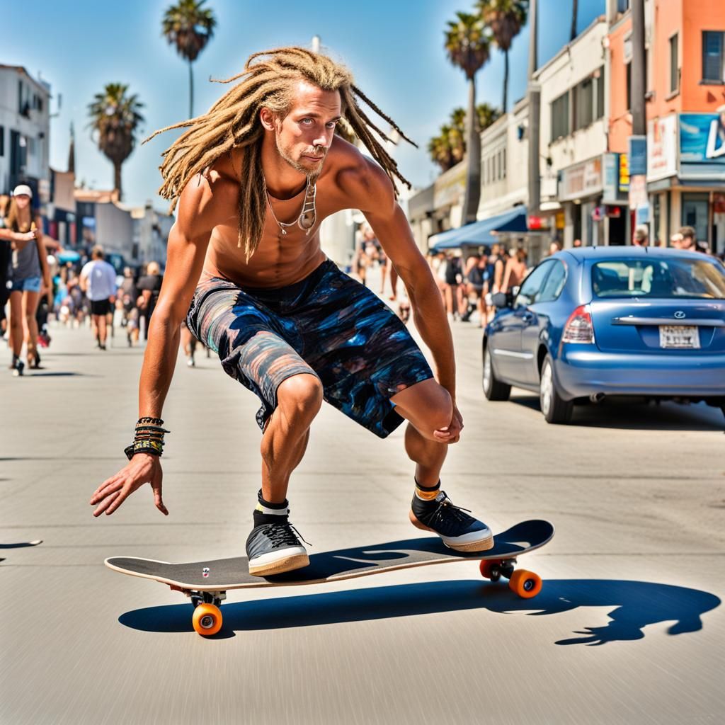 Man with Dreads Skating in Venice Beach: Photorealistic