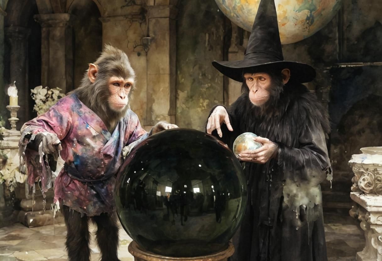 A monkey and a witch standing around a giant crystal ball in a scary castle. Vibrant and loose J.M.W. Turner-inspired wa...