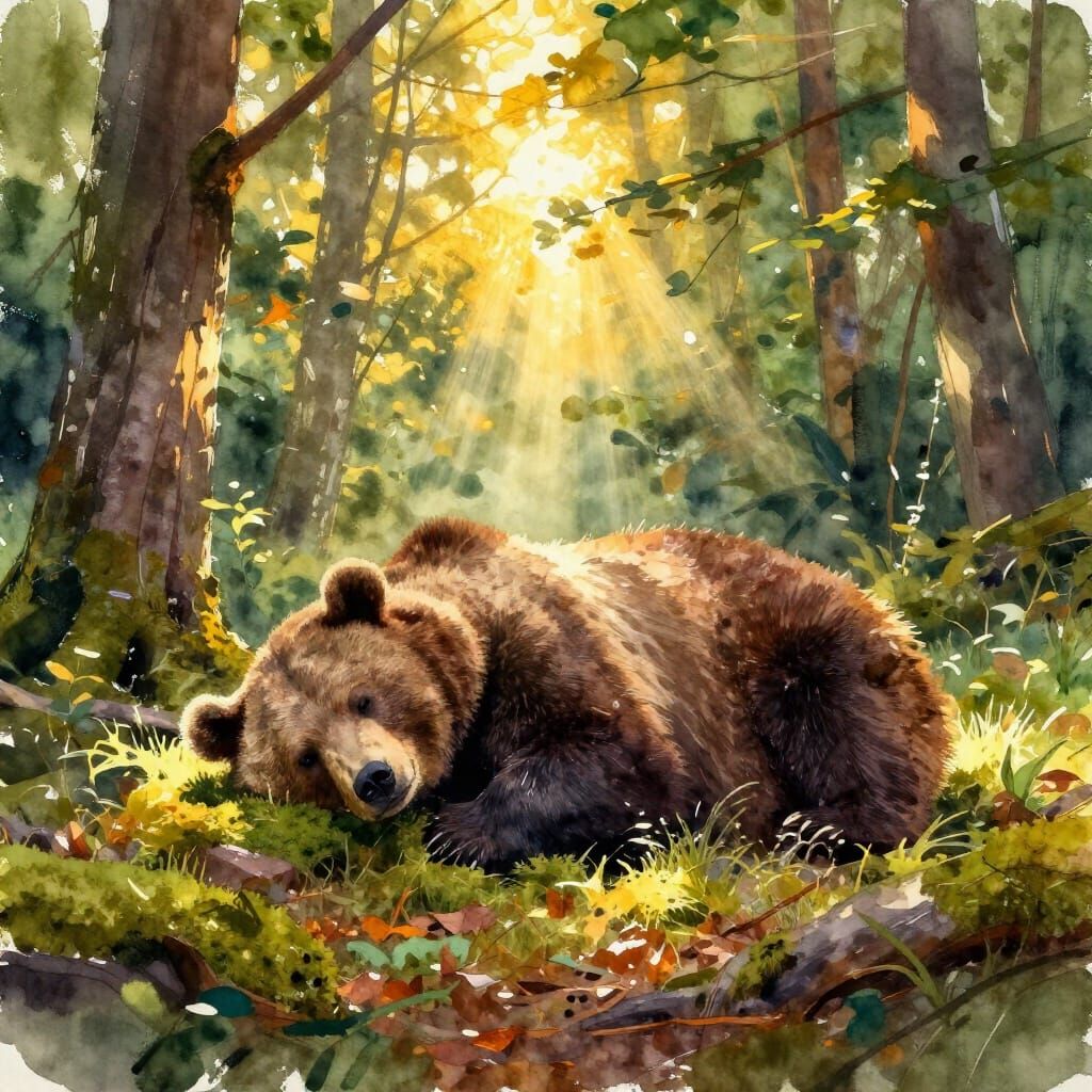 Bear Sleeping in Sunlit Forest Clearing Watercolor Style