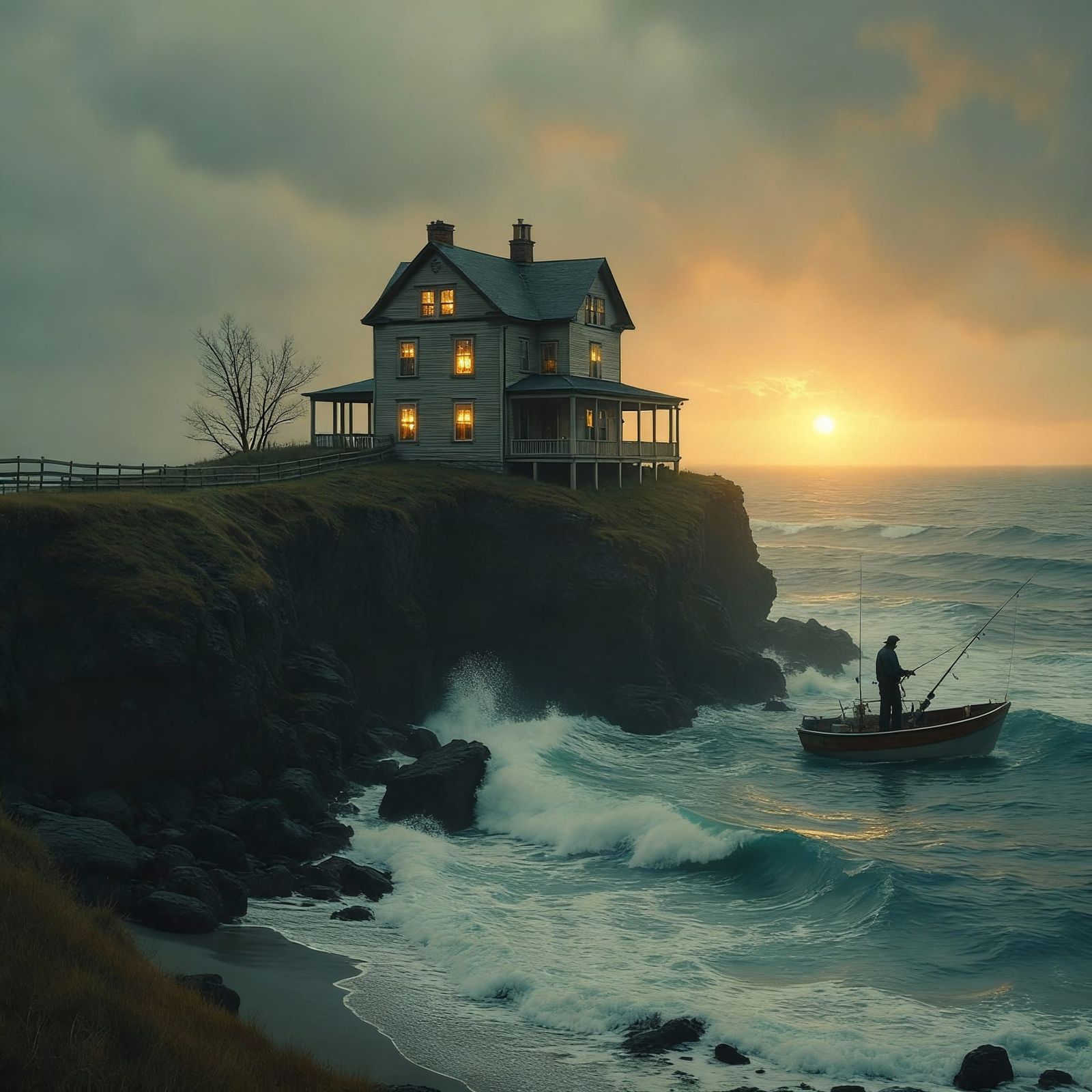 Vintage House Lost in Stormy Blue Ocean Waves
