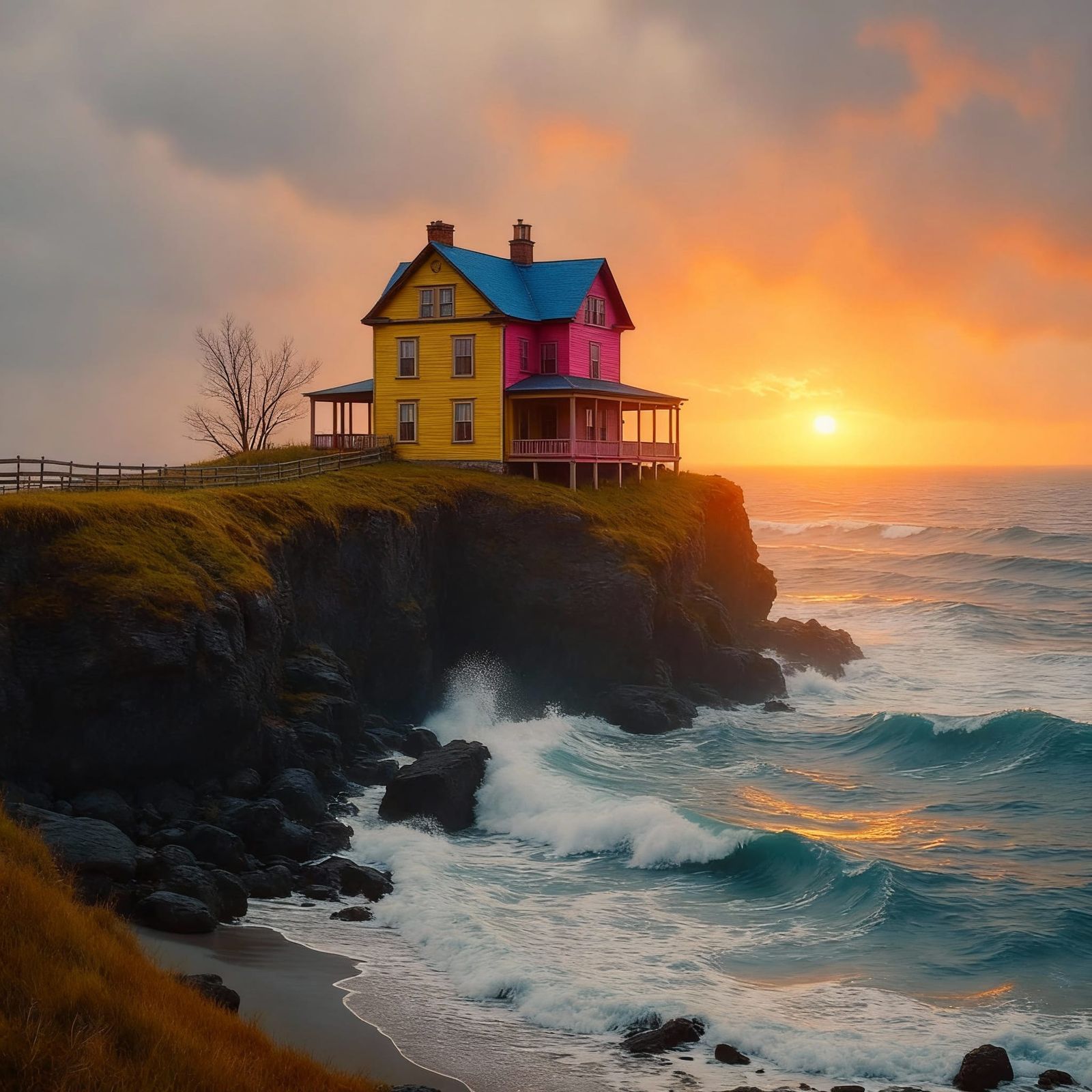 Vintage House Lost in Stormy Blue Ocean Waves