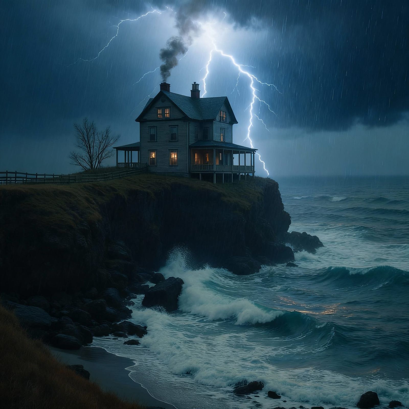 Vintage House Lost in Stormy Blue Ocean Waves