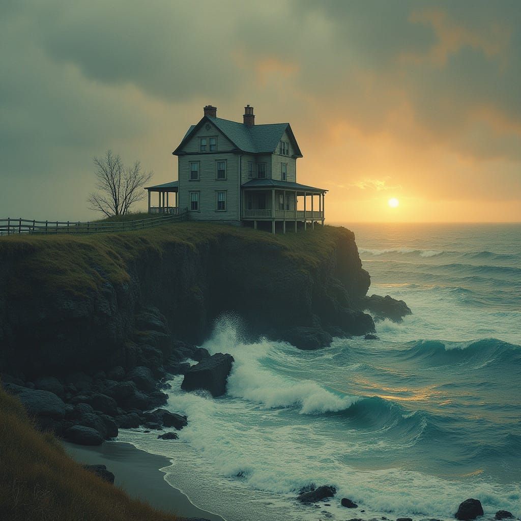 Victorian House Forebodingly Set in Turbulent Blue Ocean Wav...