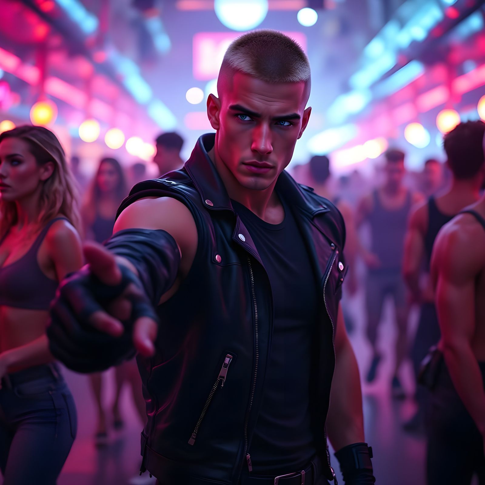 Blond Man Beckons on Nightclub Dance Floor in Anime Style