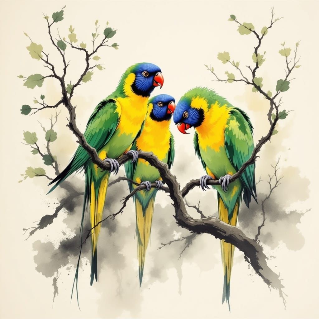 Vibrant Parrots in Soft Watercolor Brushstrokes