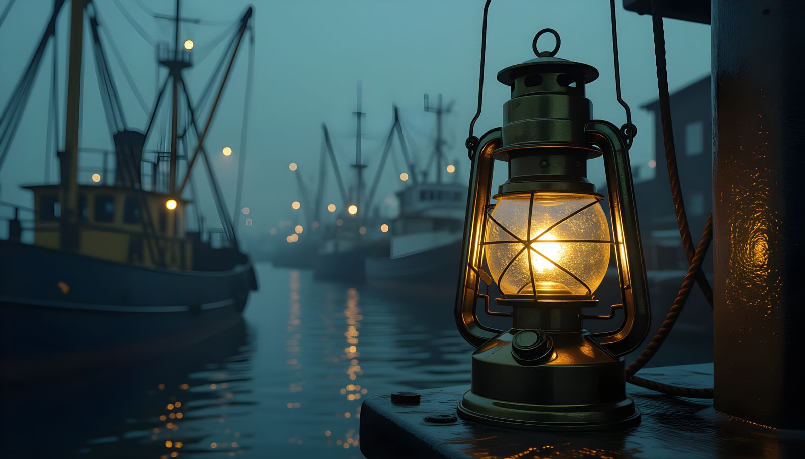 Busy Seaport Inside Miner's Lantern Double Exposure