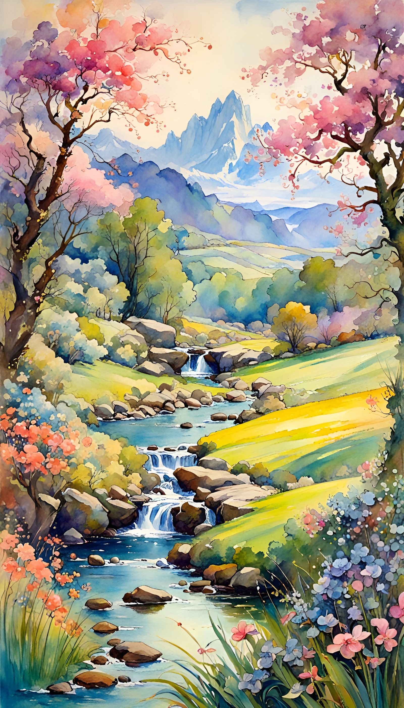 Spring Landscape in Watercolor Style