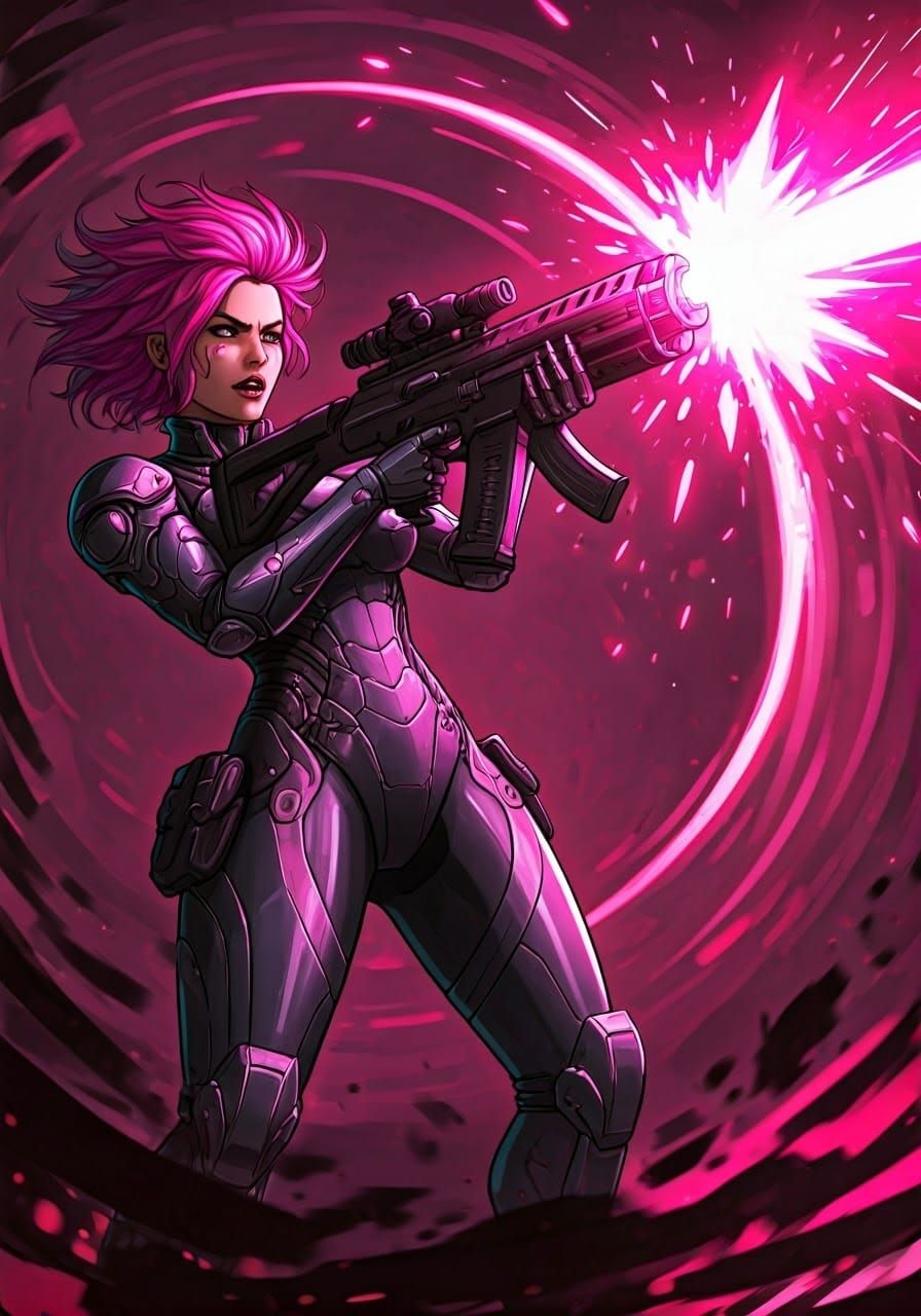 Cybernetic Warrior Unleashing Pink Energy in Cyberpunk Style