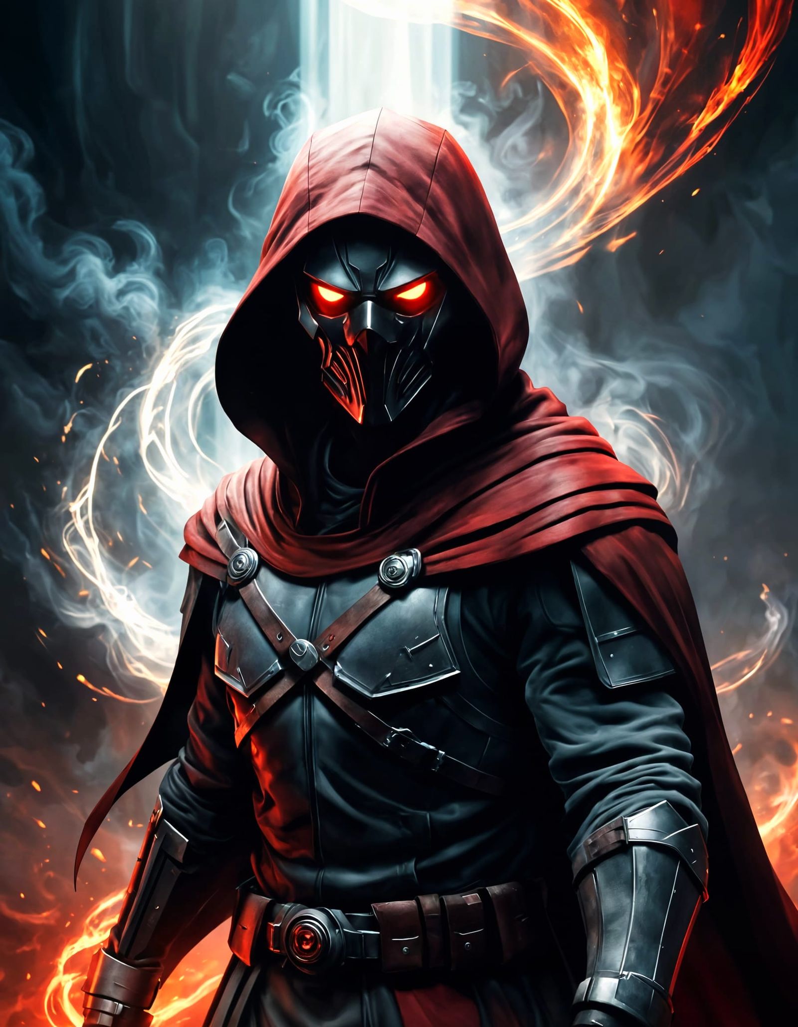Dark Hooded Figure With Glowing Red Eyes and Bat Symbol