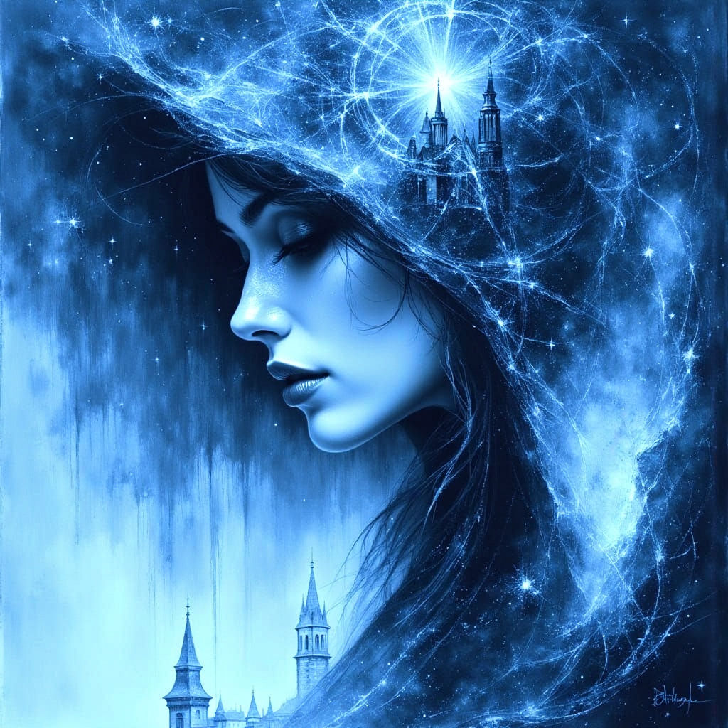 Ethereal Goddess Presiding Over Spectral Castle