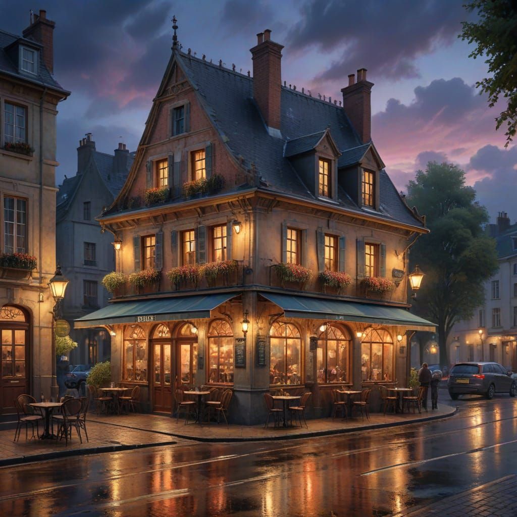 Cozy Belgian Bistro at Dusk Watercolor Painting