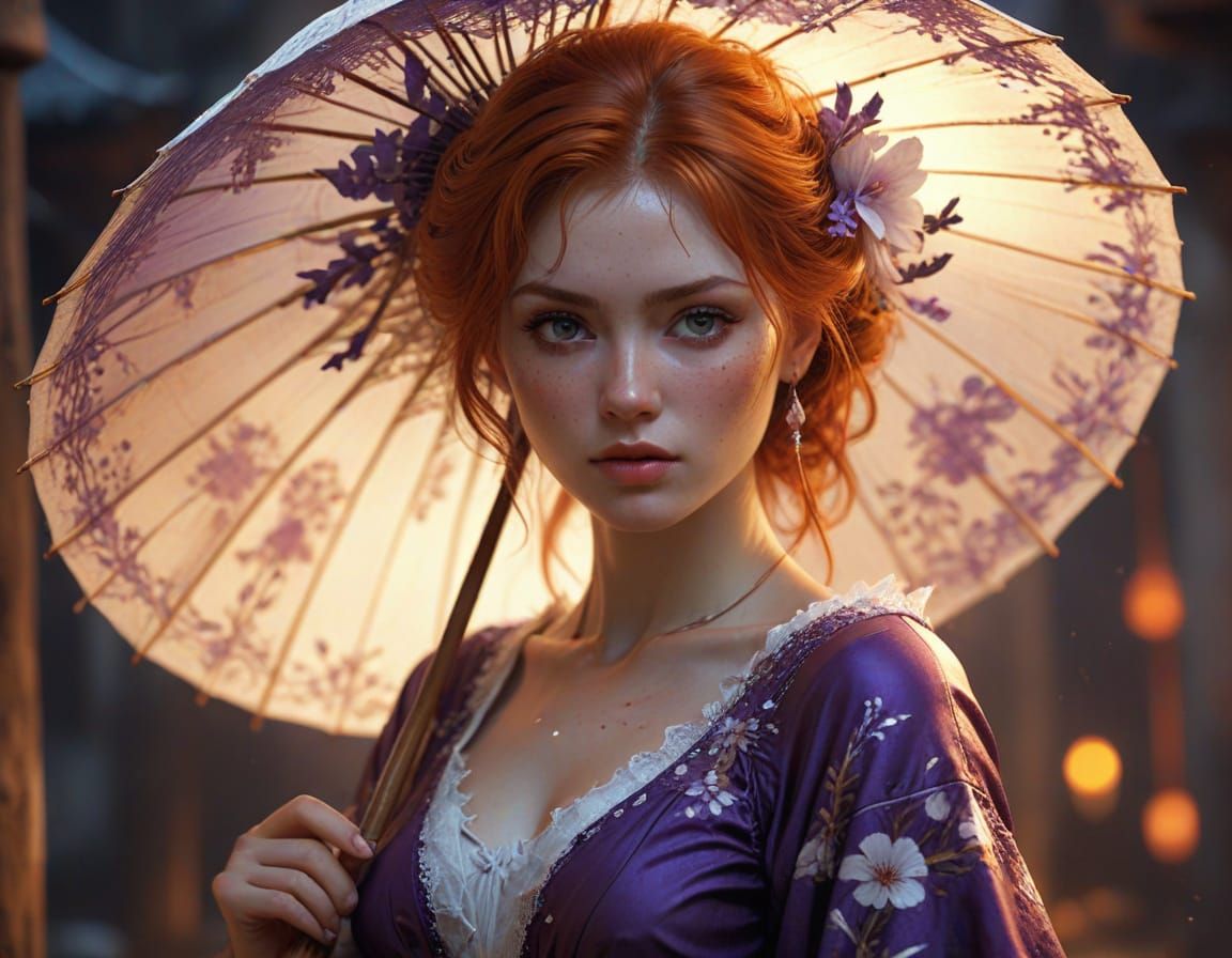 Redhead with Parasol in Fantasy Seascape
