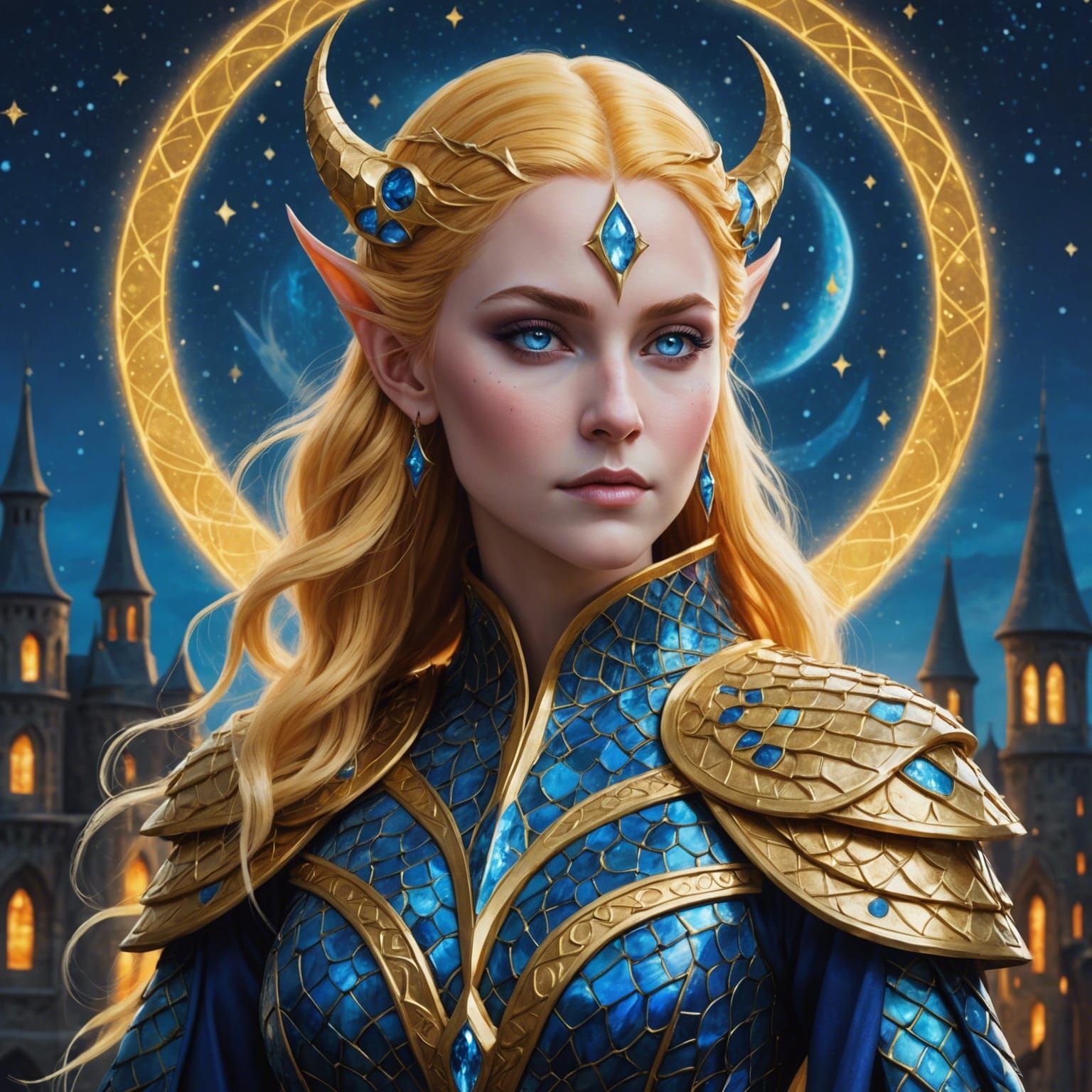 Eladrin Sorceress with Fish Scale Patterns in Cel-Shaded Sty...