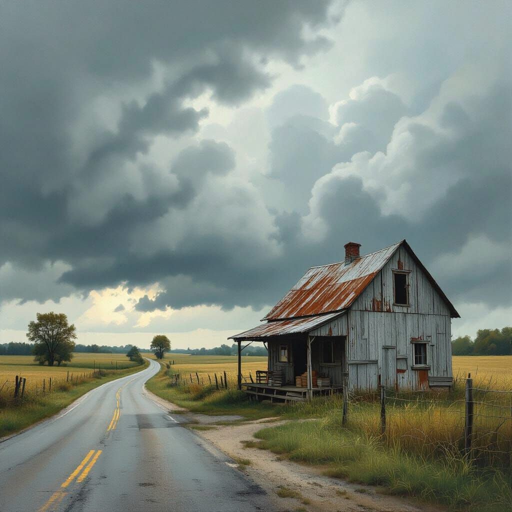 Rustic Farmstand Under Stormy Sky, Wyeth Style