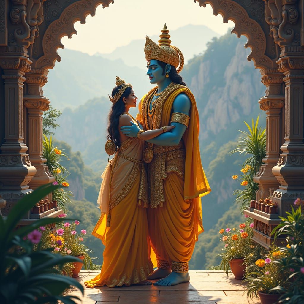 Lord Venkateshwara in Golden Splendor Embraces Devotee