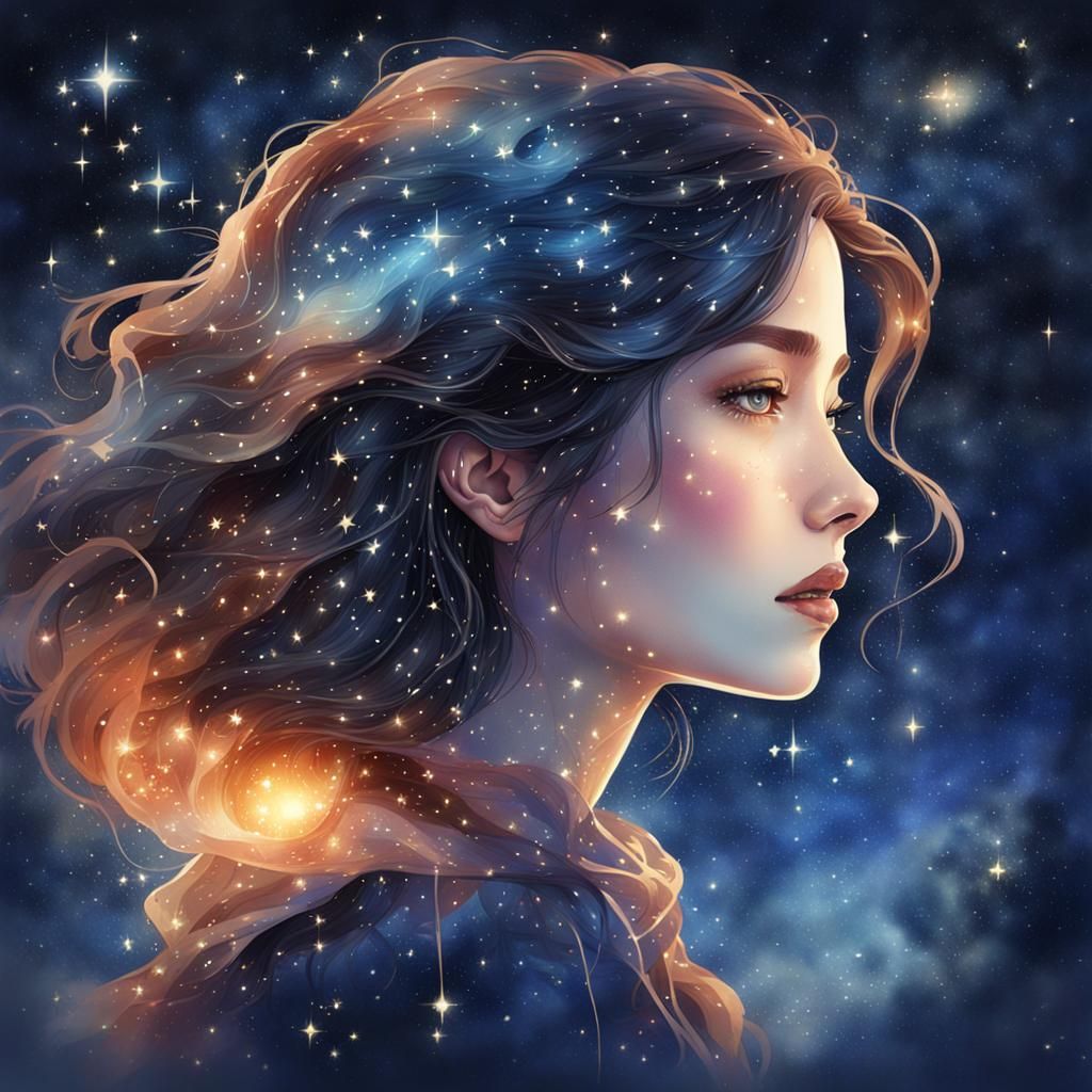 Woman Constellation in Night Sky, Watercolor Art