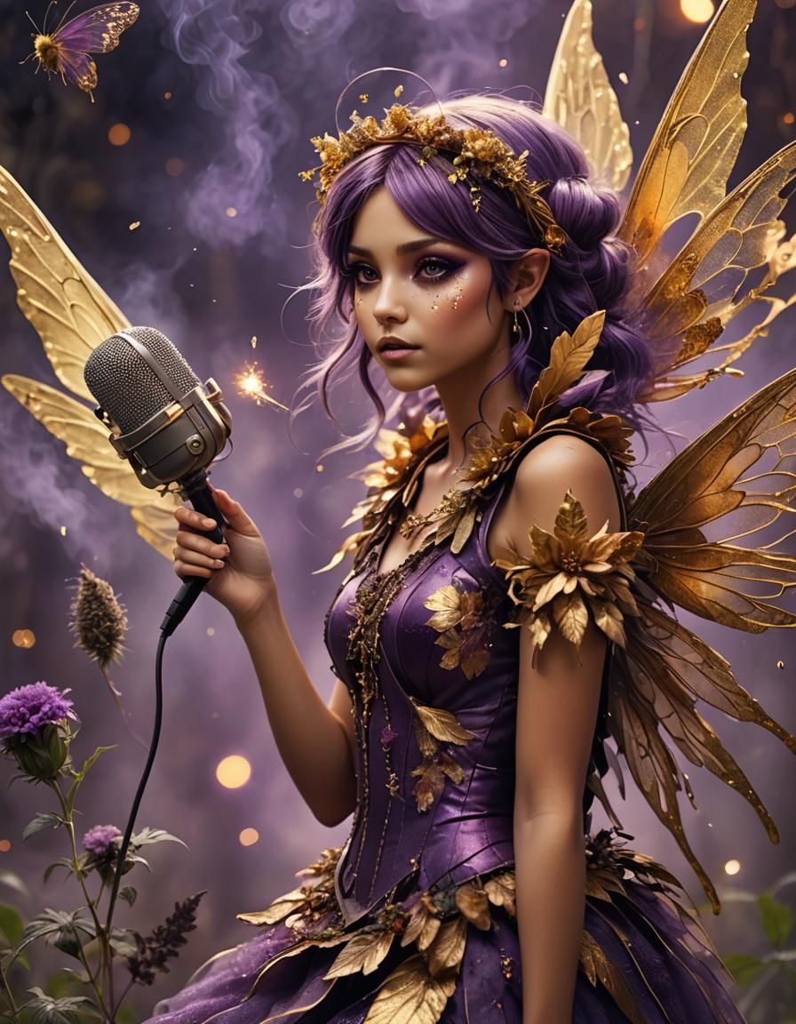 Purple and Gold Fairy with Microphone, Digital Art