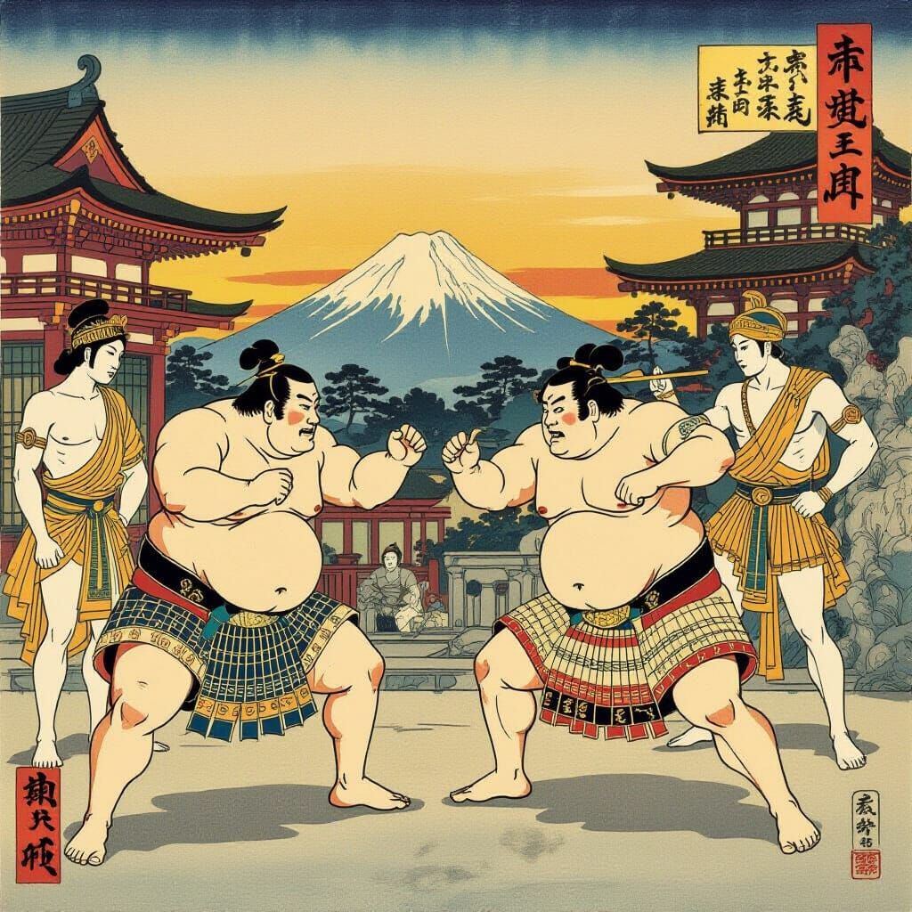 Sumo Wrestlers and Greek Myths in Ukiyo-e Style
