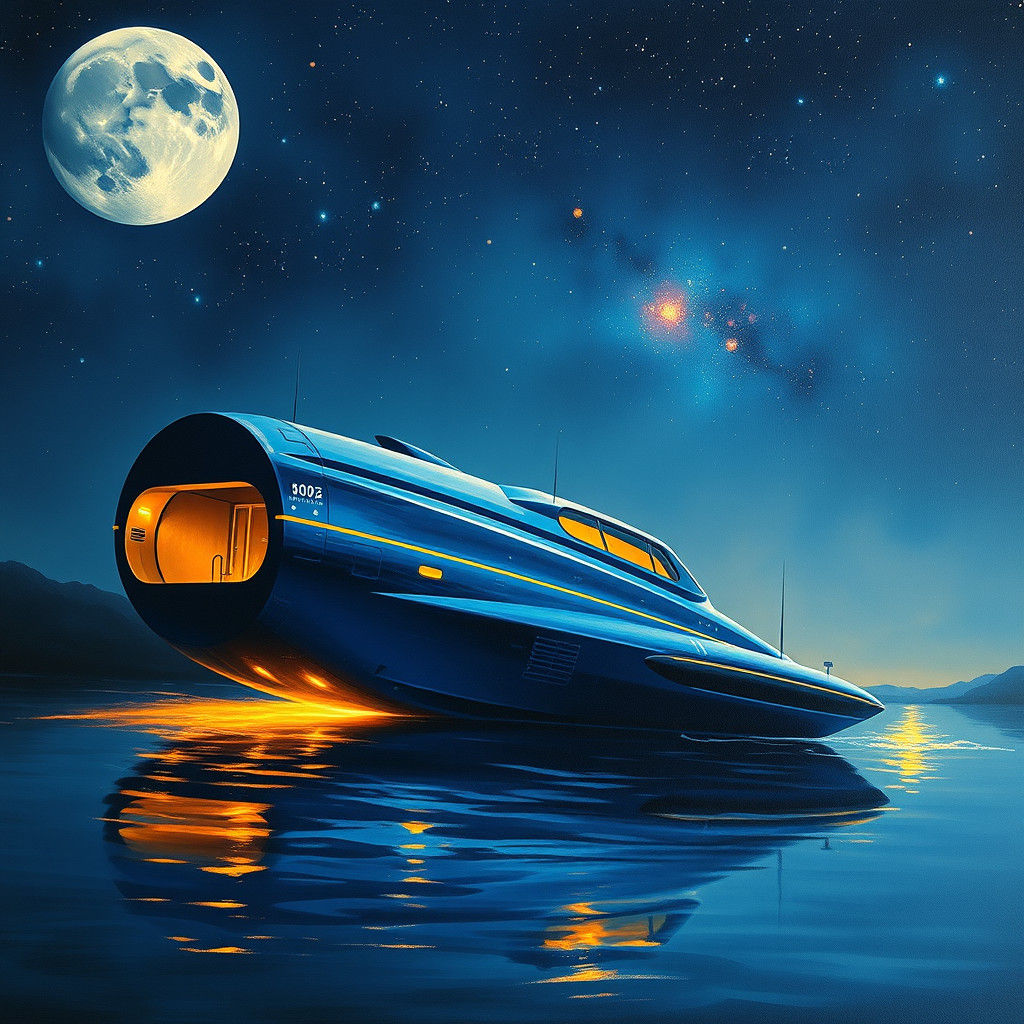 Midnight-Blue Hovercraft at Starry Port, Hyperrealistic Oil ...