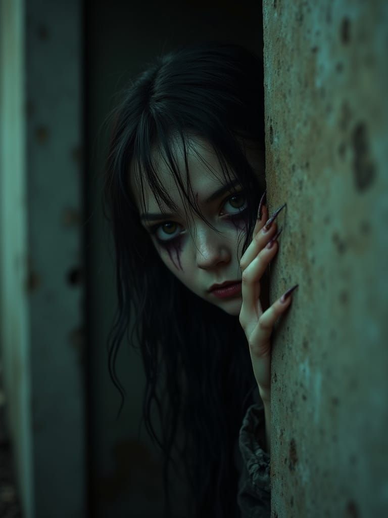 Creepy Spirit Girl with Sharp Fingernails in Dark Hallway