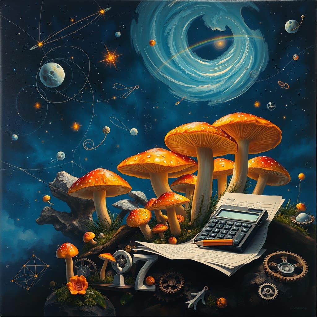 Surreal Oil Painting with Cosmic Mushrooms and Math Symbols