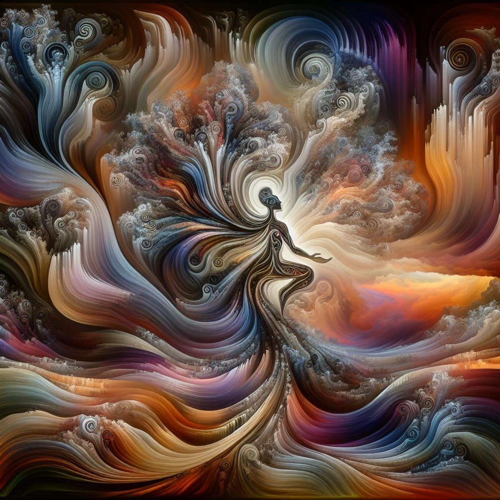 Abstract Fractal Dancer in Art Nouveau Landscape