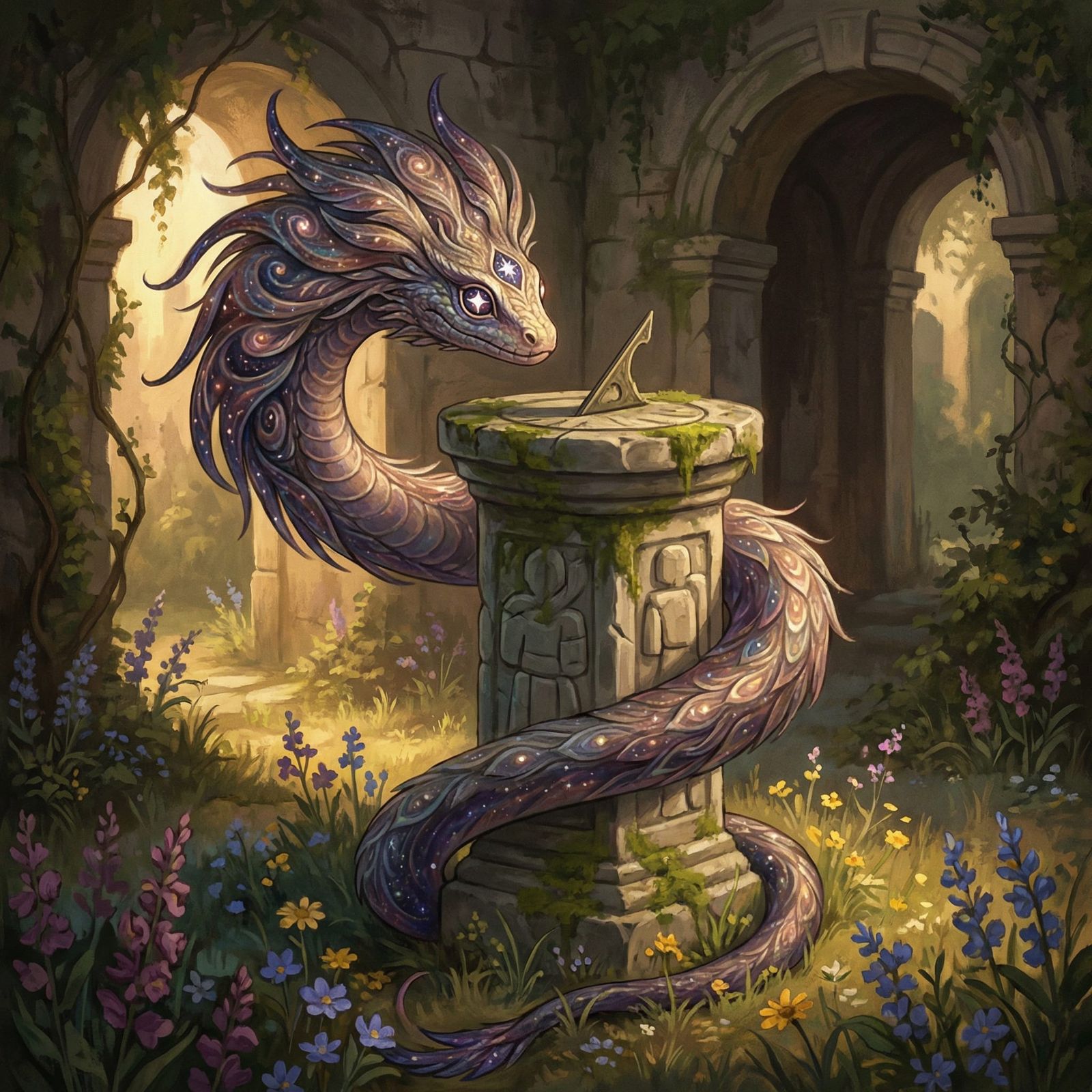 Feathered Serpent Coils Around Sundial in Golden Hour Light