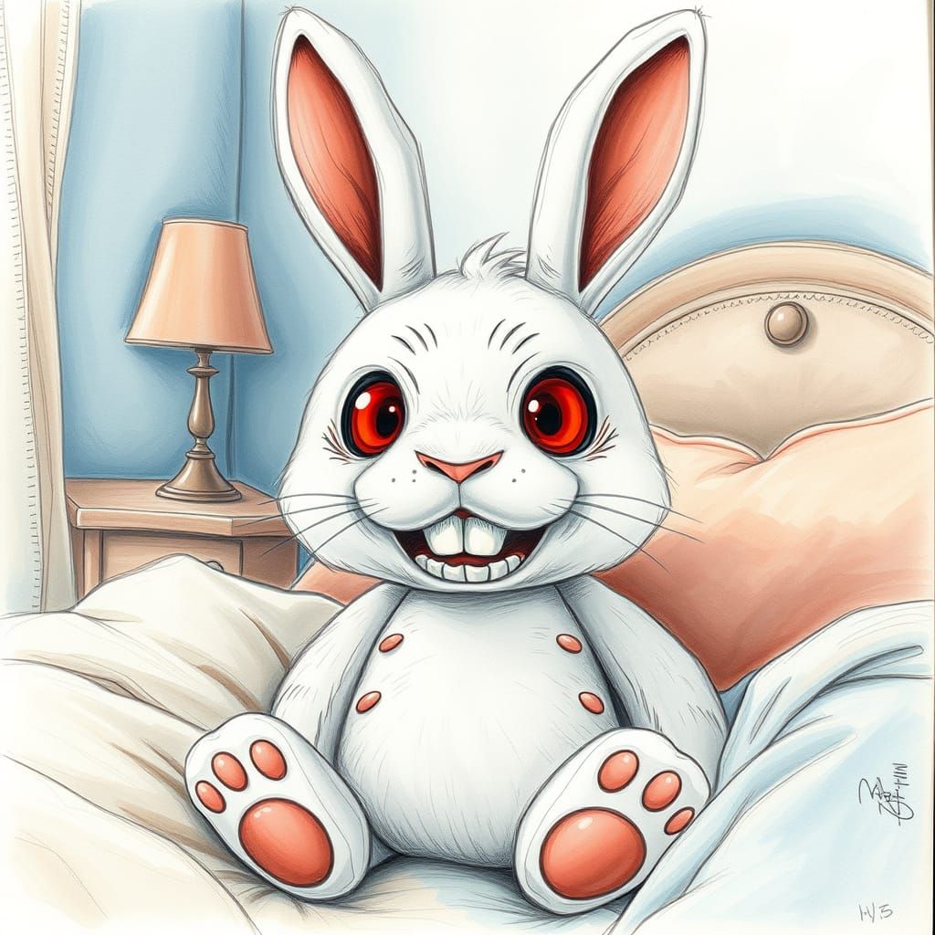 Mischievous Stuffed Rabbit with Red Eyes in Soft Bedroom