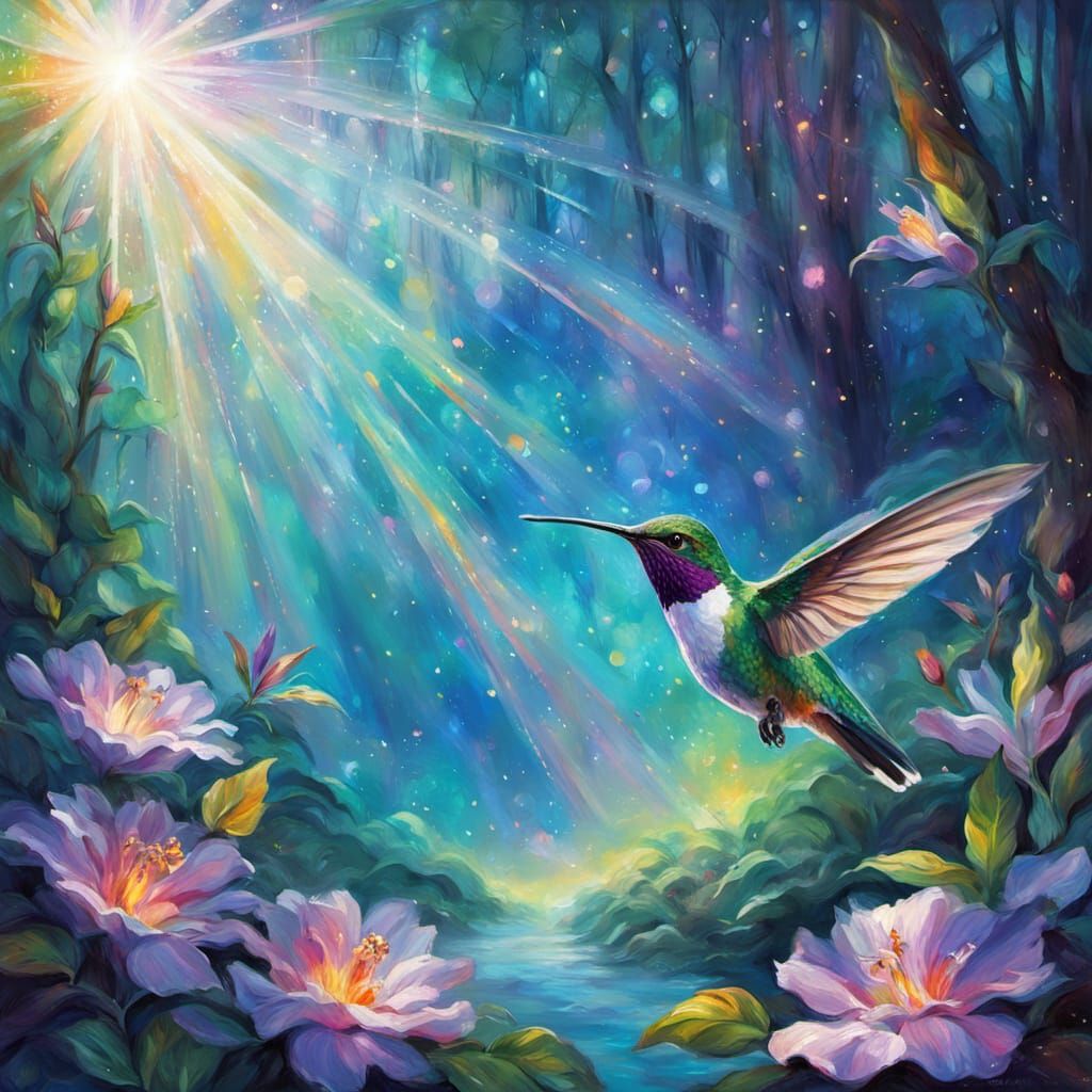 Hummingbird in Jungle Clearing: Impressionist Fantasy Painti...