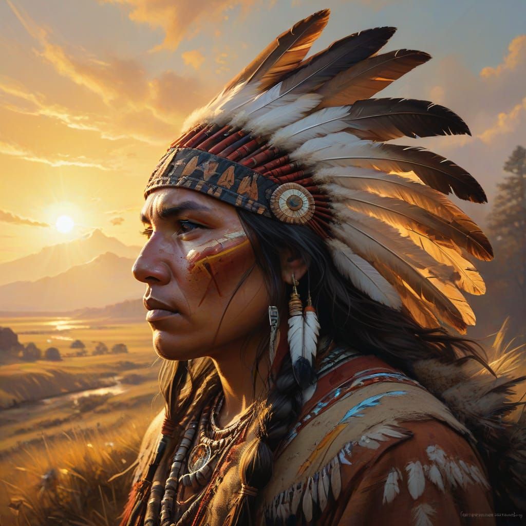 Native American Indian Blended with Plains Landscape in Doub...