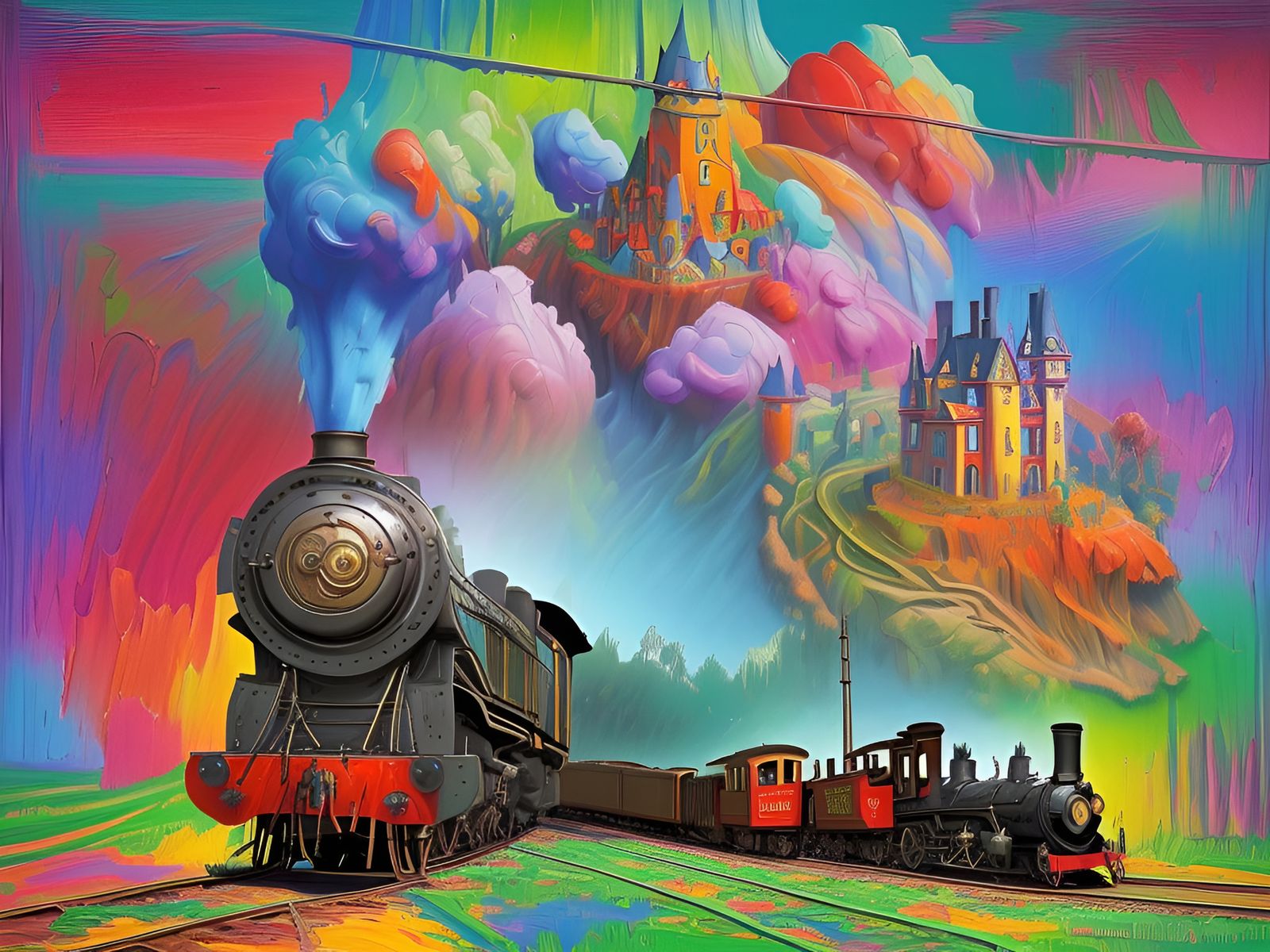 Psychedelic Train Departs Fantasy Village as Impasto Paintin...