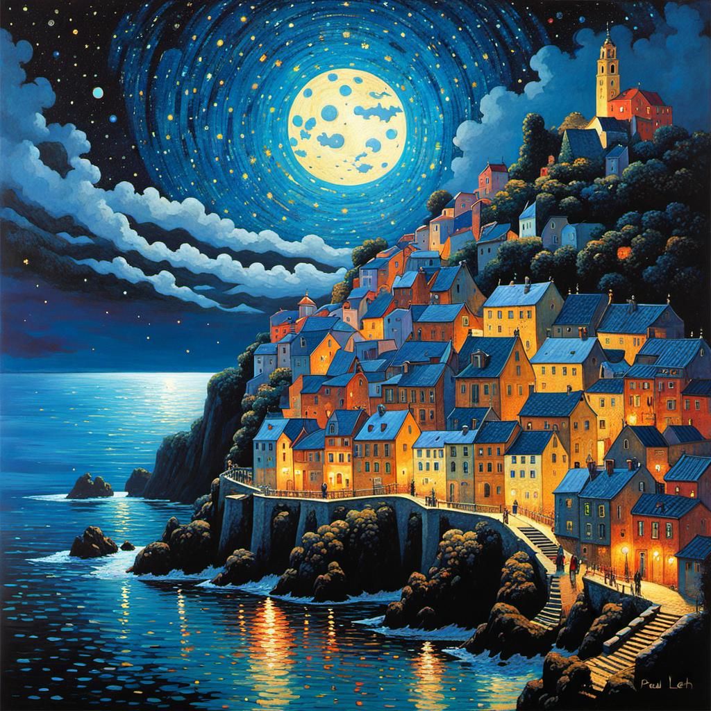 Medieval Port Town Under Starry Sky, Lehr and Klimt Style