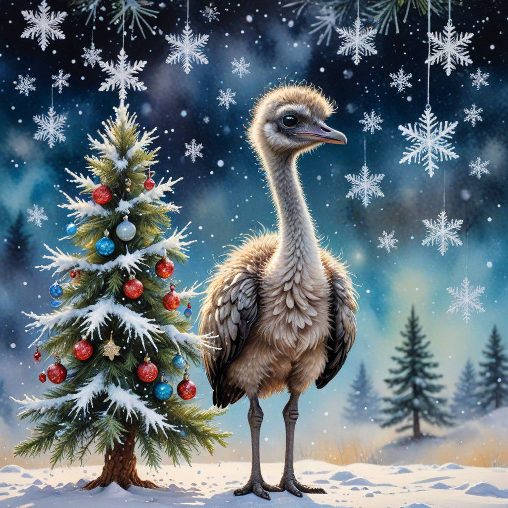 Whimsical Winter Wonderland with Ostrich and Mouse