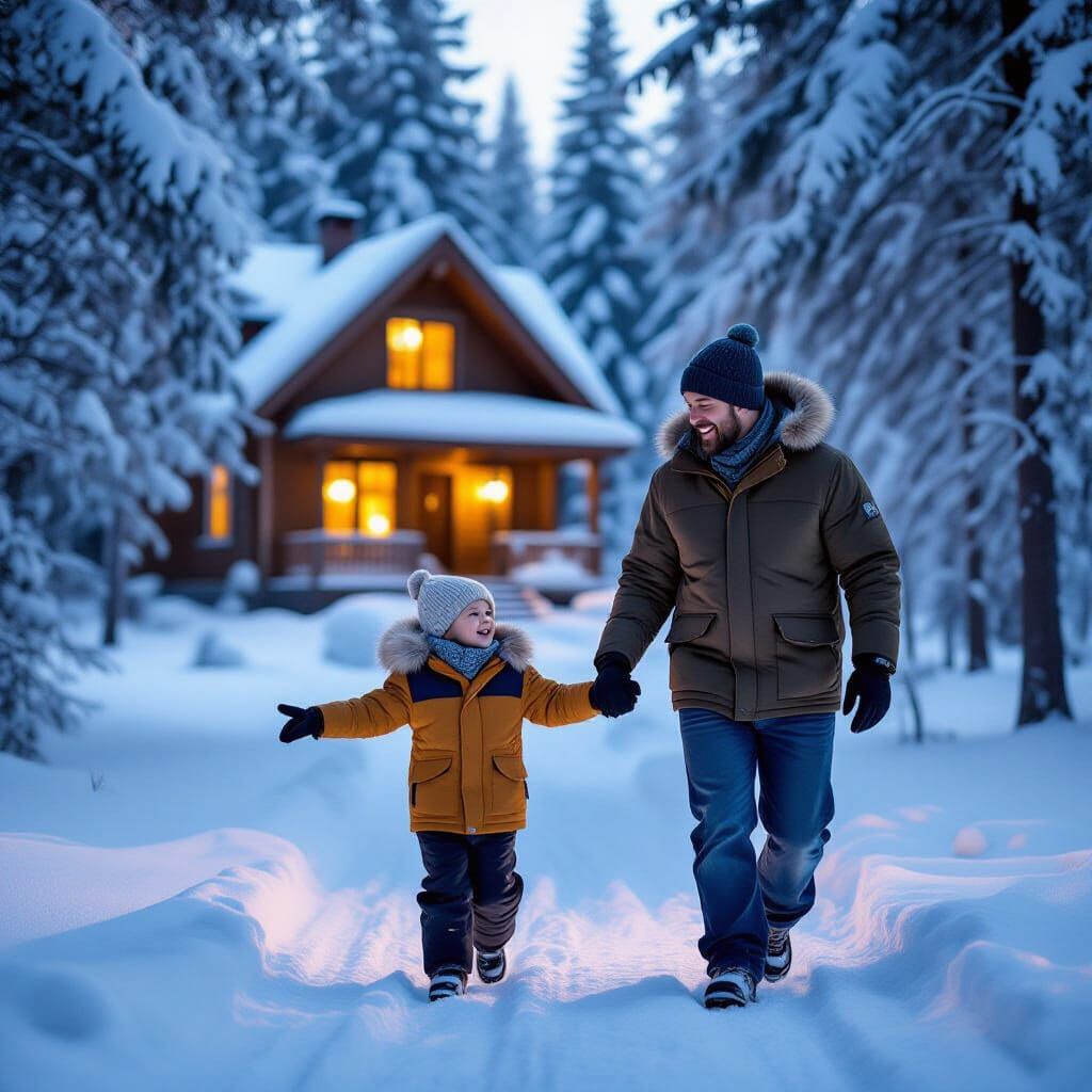 Father and Son Laughing in Snowy Forest Towards Home